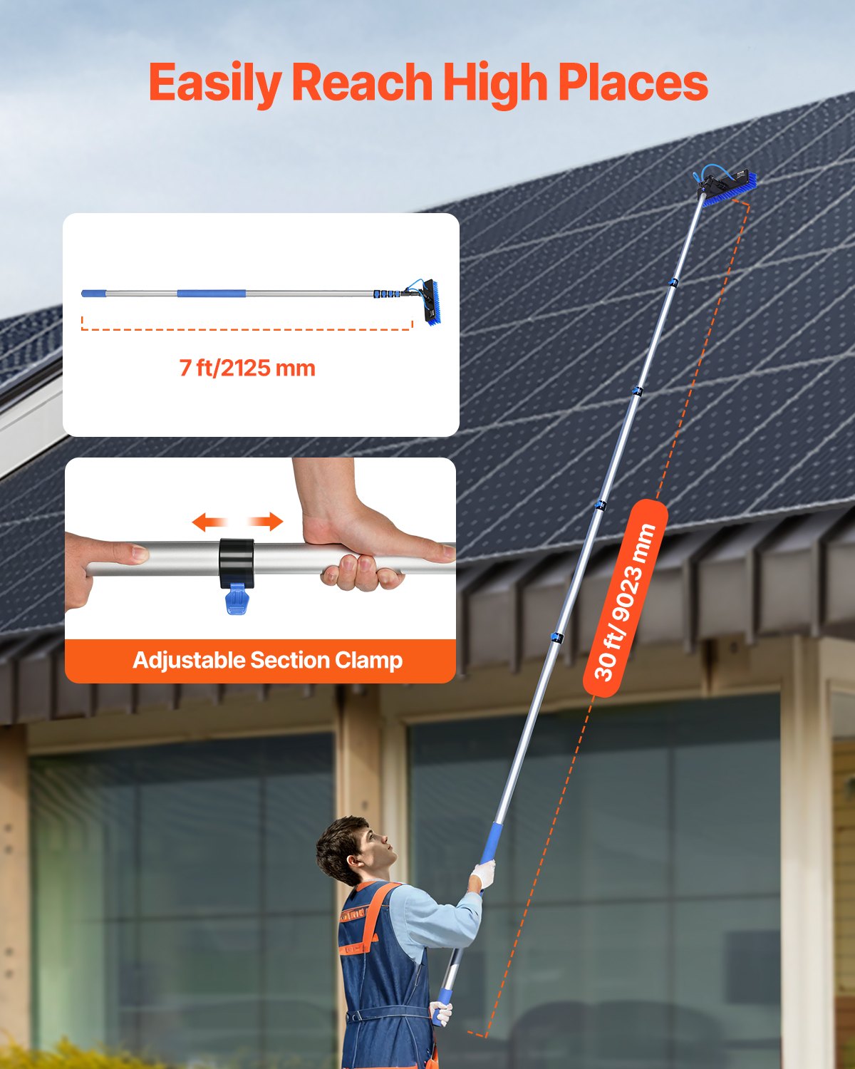 VEVOR Kit de Barra de Alimentación de Agua, Barra de Limpieza de Paneles Solares de 9 m con Mango Extensible, Cabezal de Cepillo Giratorio de 180° y Manguera de 20 m, para el Hogar y Exteriores