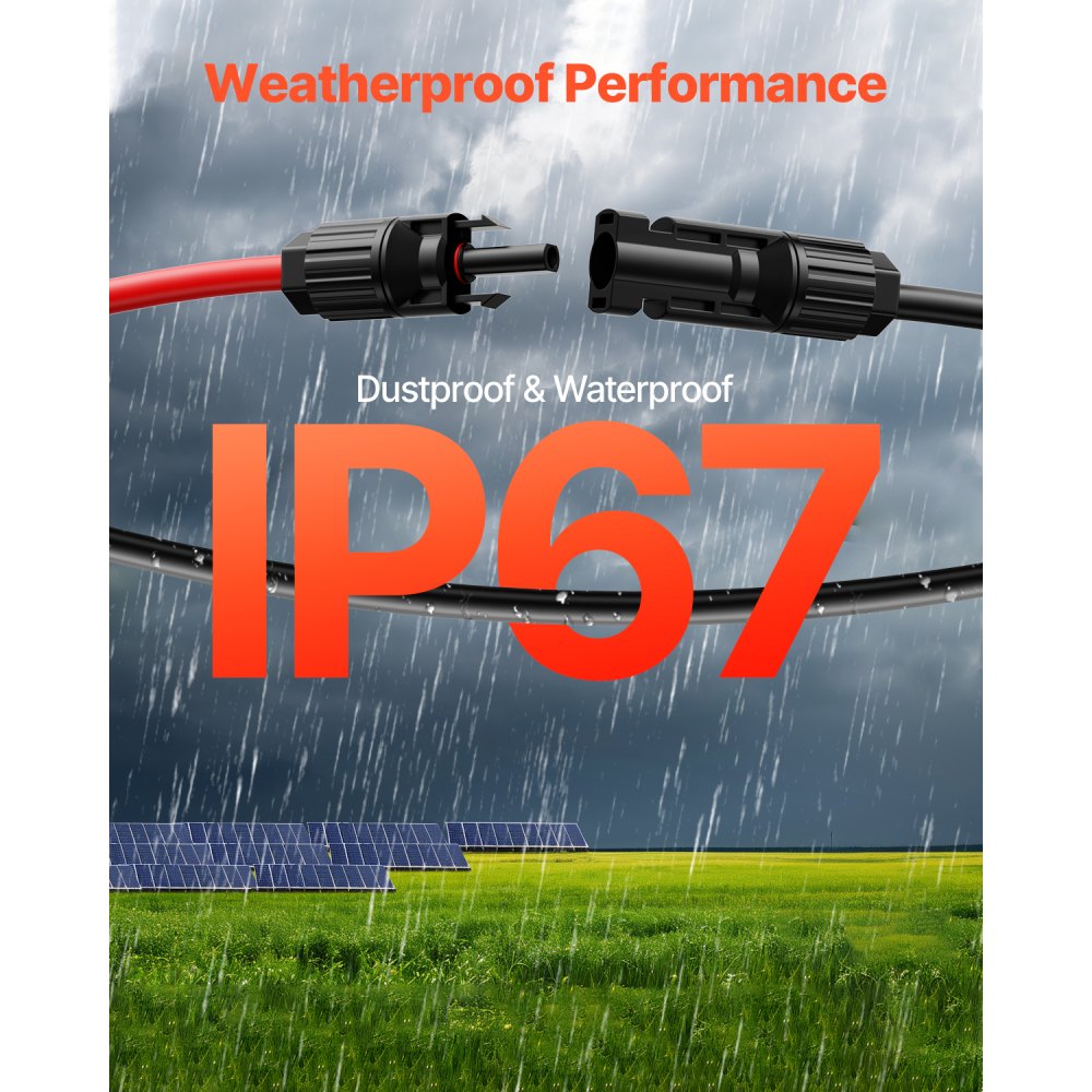 VEVOR 30.48m Solar Cable, Solar Panel Cable, 10AWG Solar Extension Cable, IP67 Waterproof PV Cable for Solar Panels at Home, -40 to 105℃, on Boats and in RVs, Black