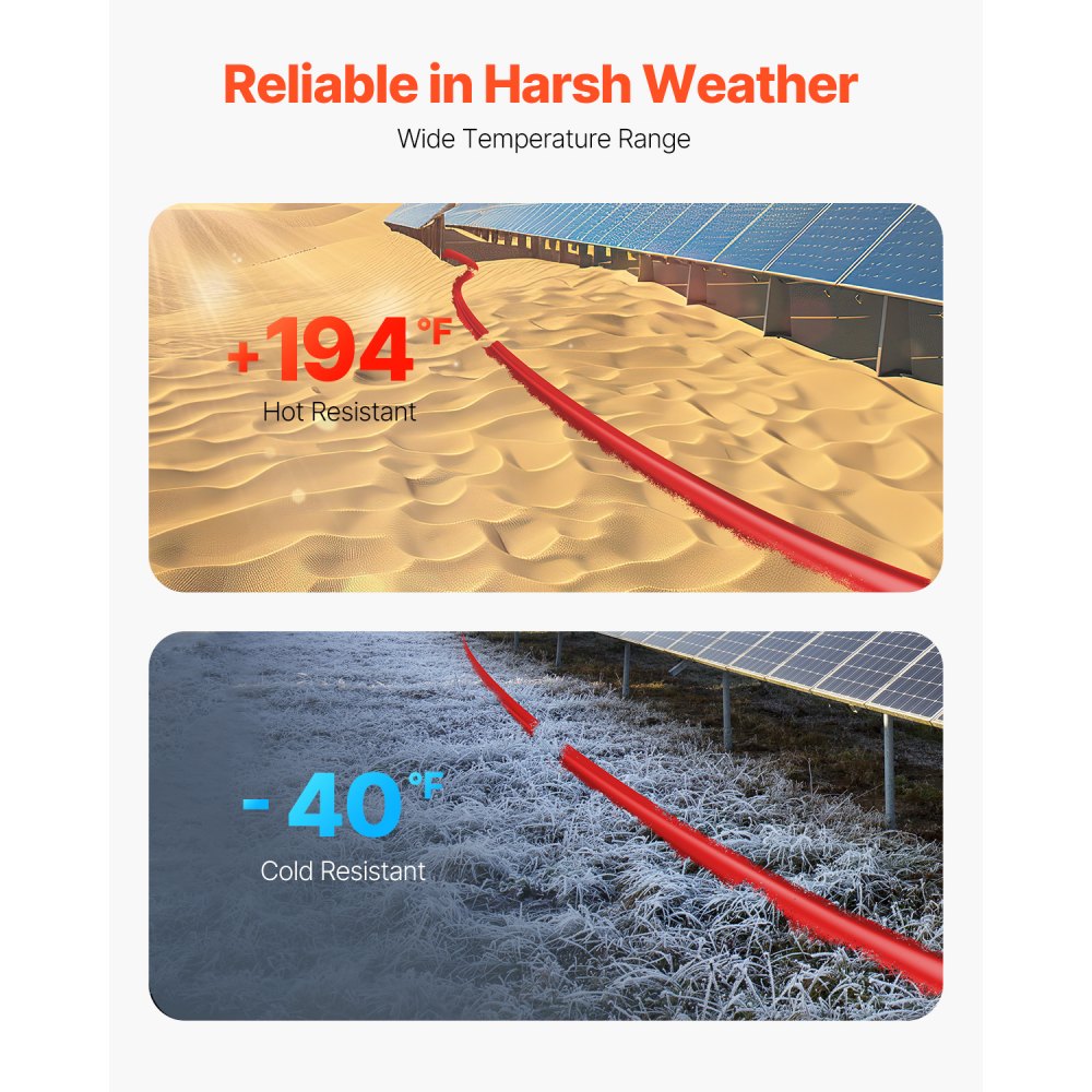 VEVOR 30.48m Solar Cable, Solar Panel Extension Cable, 10AWG Cable, IP67 Waterproof PV Cable for Solar Panels at Home, -40 to 105℃, on Boats and in RVs, Red