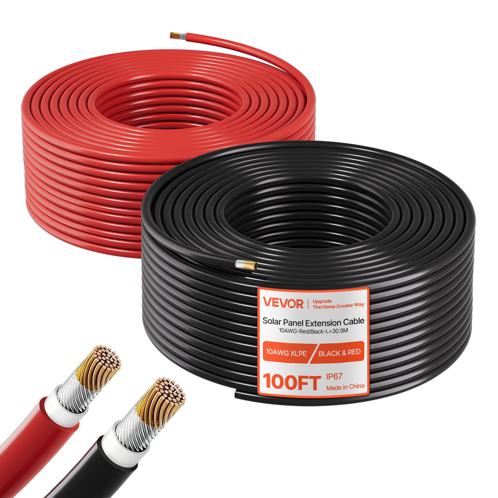VEVOR Cable Solar 6 mm², Cable de Extensión para Paneles Solares, Rojo y Negro de 30,48 m, IP67 Impermeable, Cobre Estañado, para Instalación de Sistemas PV en Exterior Caravanas Techo Barco Marino