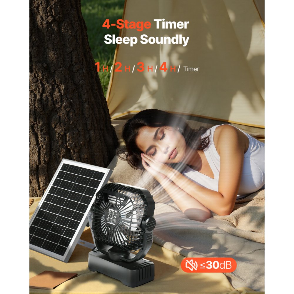 VEVOR Ventilador Solar de Camping 10400 mAh, con Panel Solar y Linterna LED, Batería Recargable Portátil 7 W y 20 cm, 4 Velocidades y Funcionamiento Silencioso para Picnics, Barbacoas, Pesca