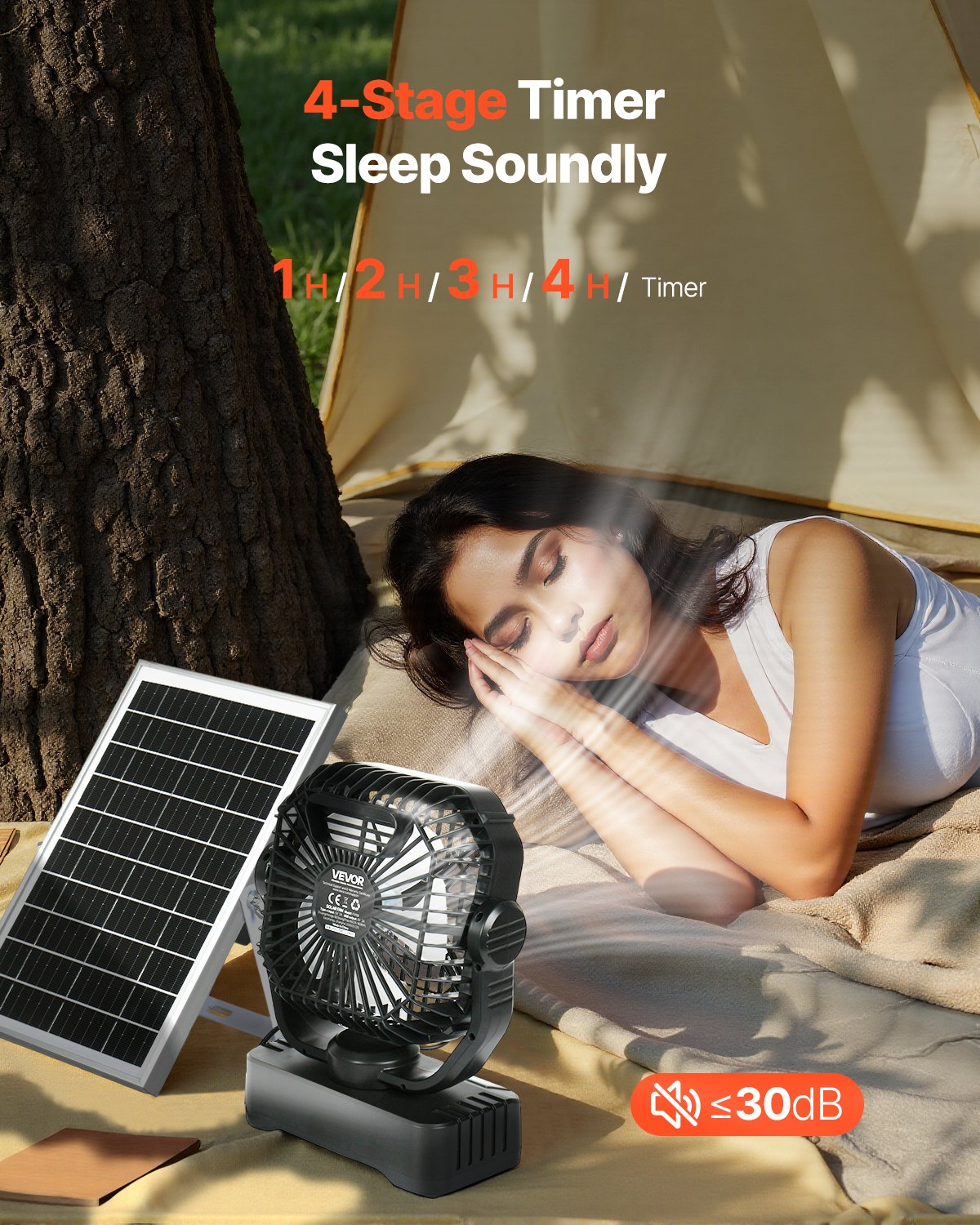 VEVOR Ventilador Solar de Camping 10400 mAh, con Panel Solar y Linterna LED, Batería Recargable Portátil 7 W y 20 cm, 4 Velocidades y Funcionamiento Silencioso para Picnics, Barbacoas, Pesca