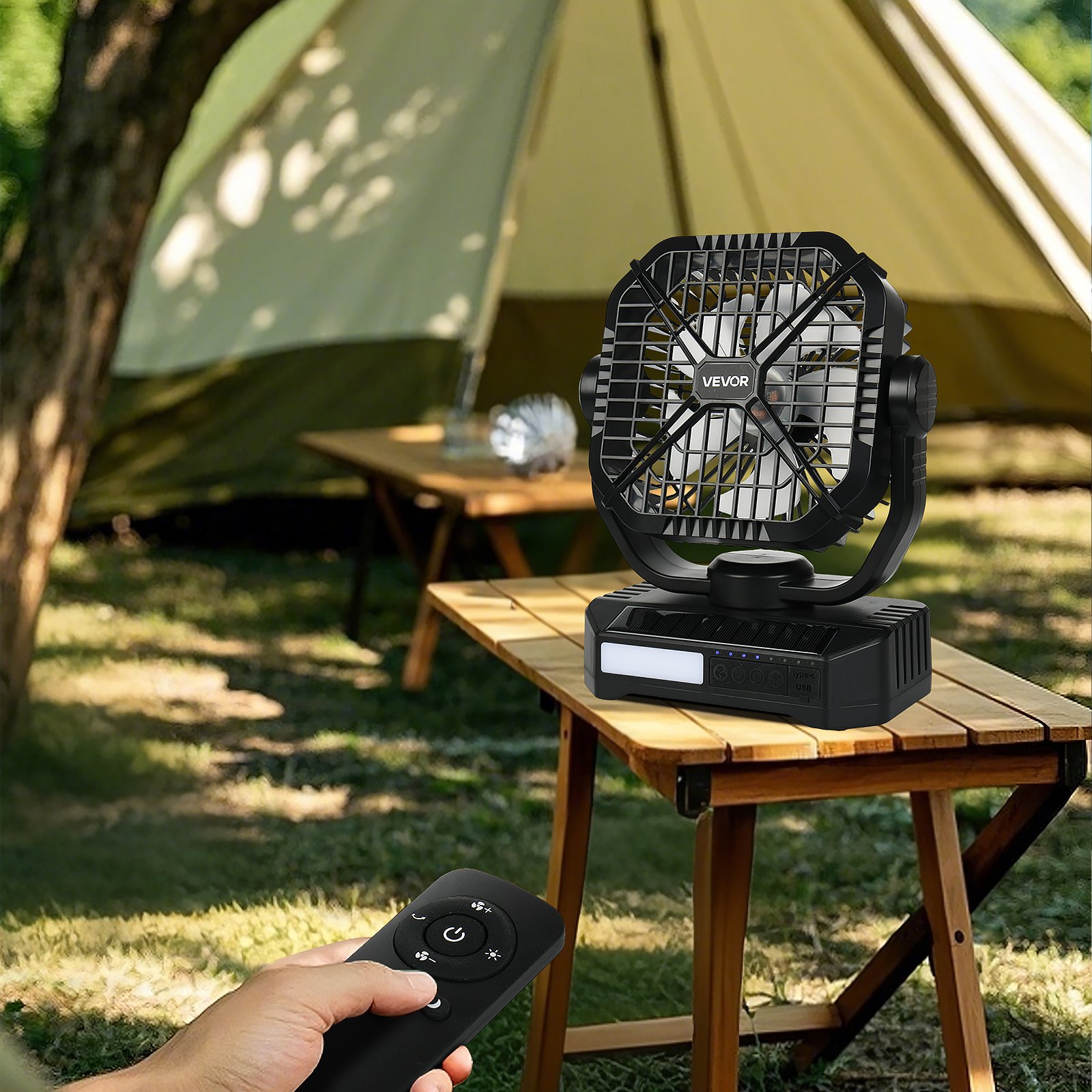 VEVOR Ventilador Solar de Camping 10400 mAh, con Panel Solar y Linterna LED, Batería Recargable Portátil 7 W y 20 cm, 4 Velocidades y Funcionamiento Silencioso para Picnics, Barbacoas, Pesca