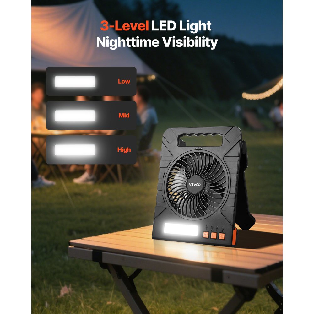 VEVOR Ventilador Solar Recargable 10000 mAh con Linterna LED, con Panel Solar Plegable 4 W, 4 Velocidades, Temporizador y Silencioso, para Tienda Campaña, Lugar de Trabajo, Escritorio de Oficina
