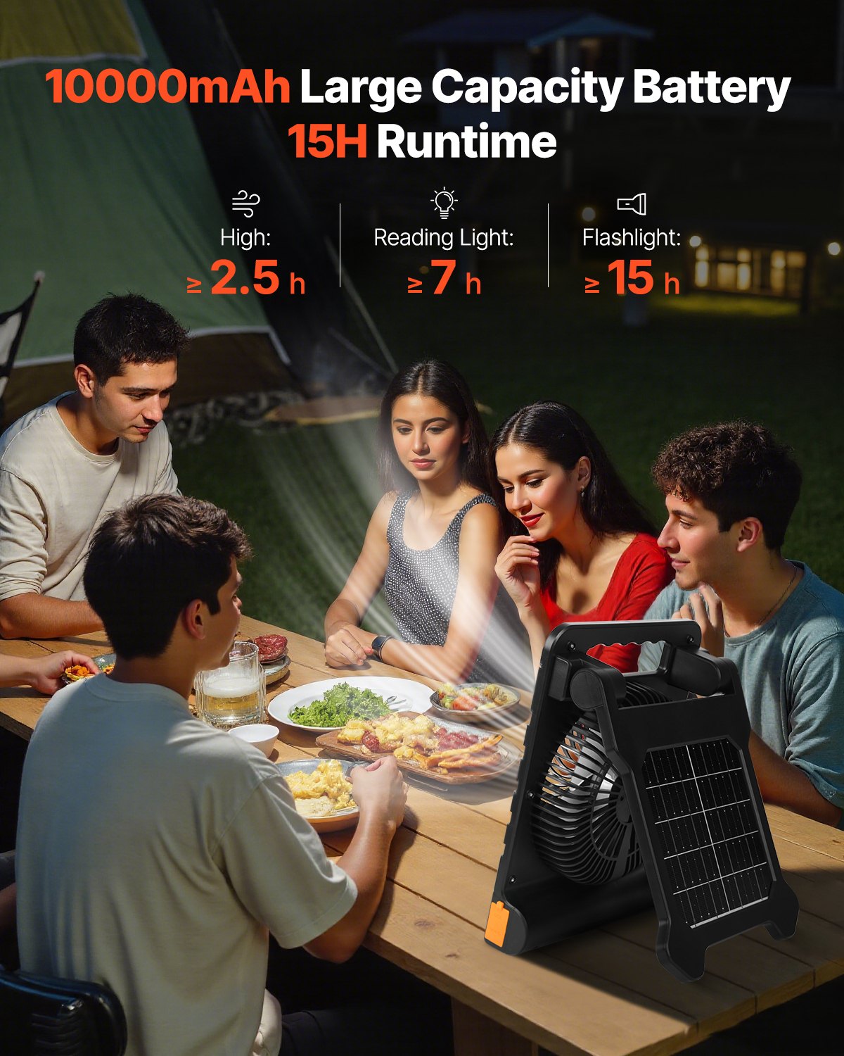 VEVOR Ventilador Solar Recargable 10000 mAh con Linterna LED, con Panel Solar Plegable 4 W, 4 Velocidades, Temporizador y Silencioso, para Tienda Campaña, Lugar de Trabajo, Escritorio de Oficina