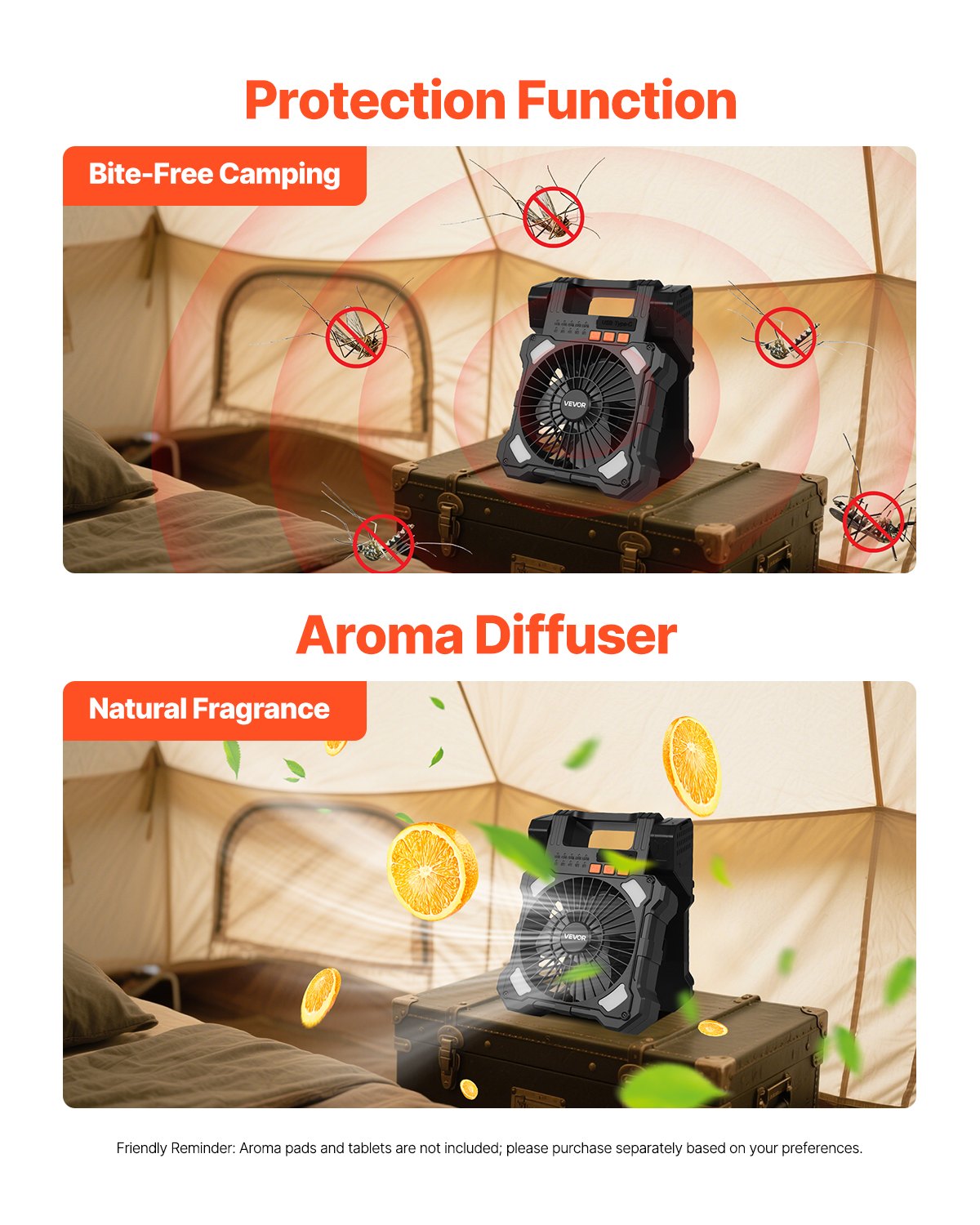 VEVOR Ventilador Solar Recargable 20 000 mAh con Linterna LED, Ventilador Portátil Inalámbrico 20 cm con Panel Solar Plegable 7 W, 5 Velocidades, Temporizador y Silencioso, para Tienda de Campaña