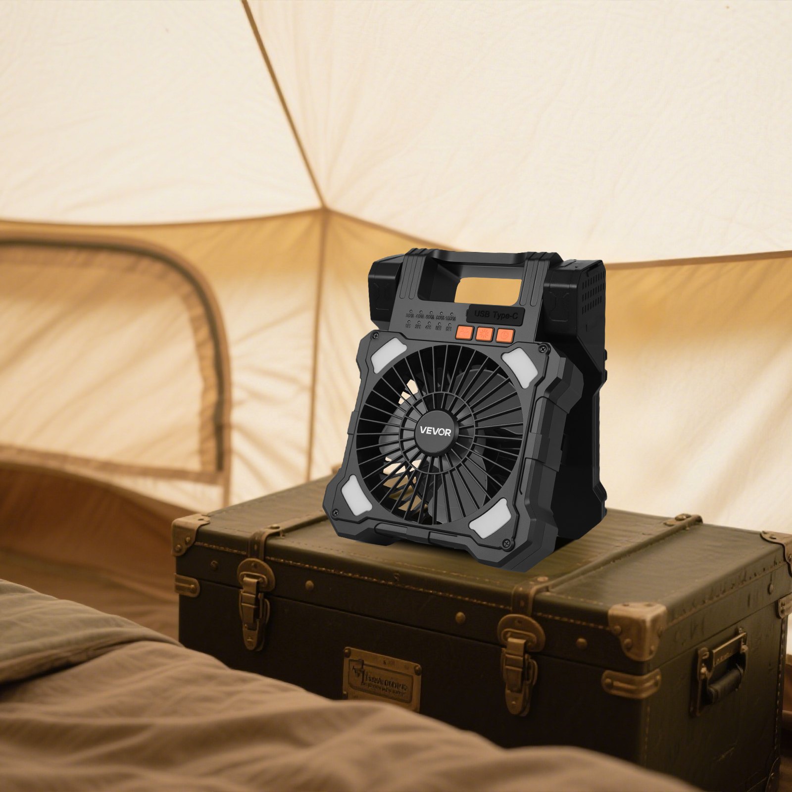 VEVOR Ventilador Solar Recargable 20 000 mAh con Linterna LED, Ventilador Portátil Inalámbrico 20 cm con Panel Solar Plegable 7 W, 5 Velocidades, Temporizador y Silencioso, para Tienda de Campaña