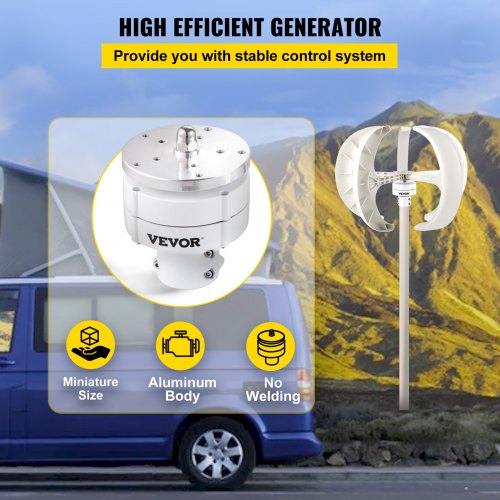 VEVOR Aerogenerador 600W 12V Generador de Turbina Eólica Linterna Blanca Generador de Viento Vertical 5 hojas con Controlador