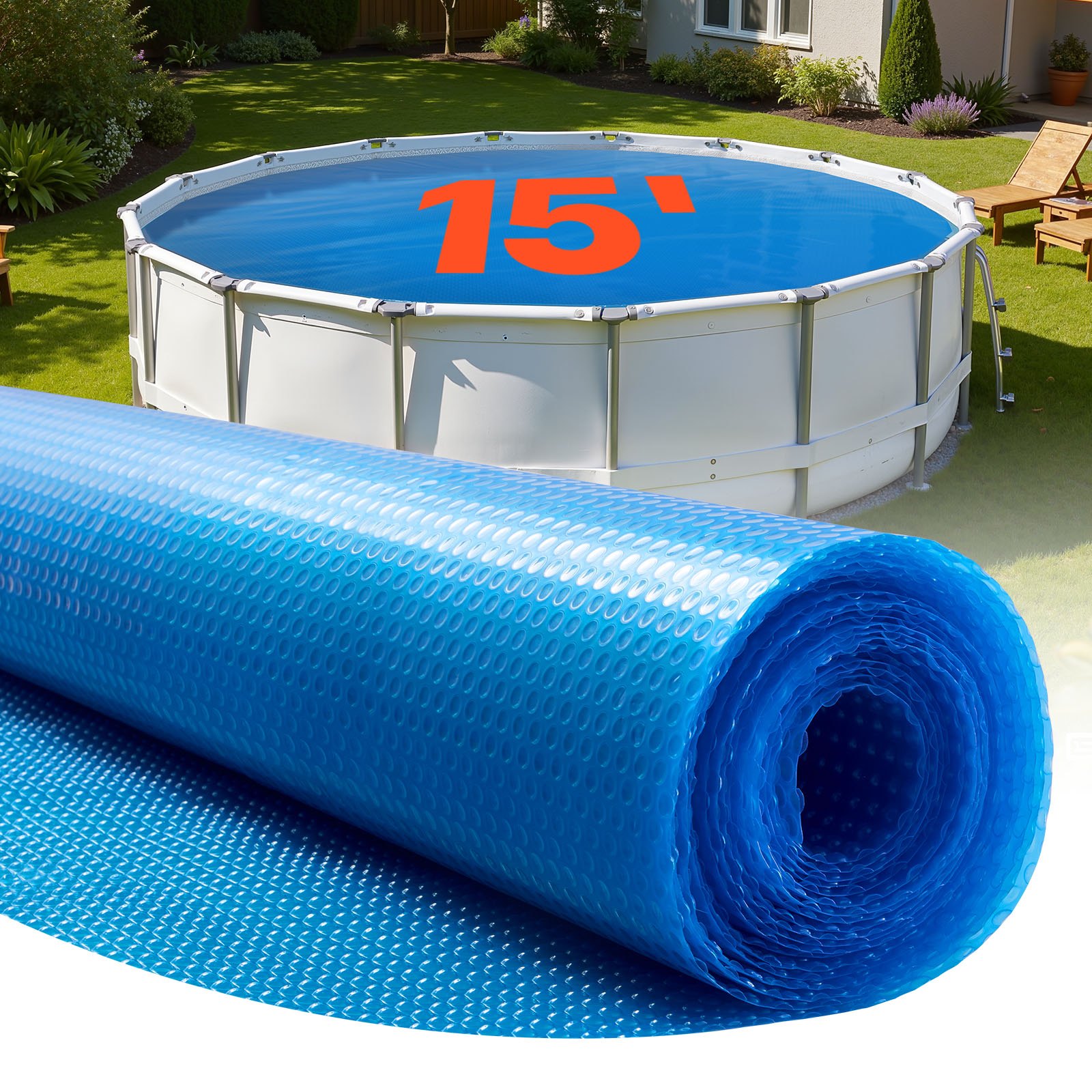 VEVOR Cubierta Solar Redonda para Piscina, 4,57 m de Diámetro, con Burbujas y Material PE, Absorción de Calor Durante el Día, Retención de Calor Durante la Noche, grosor de 0,3 mm, Color Azul