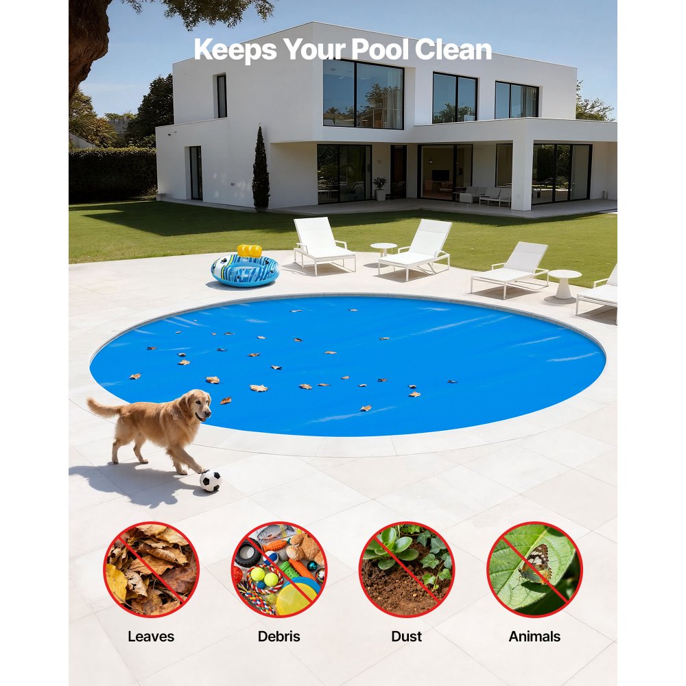 VEVOR Cubierta Solar Redonda para Piscina, 5,49 m de Diámetro, con Burbujas y Material PE, Absorción de Calor Durante el Día, Retención de Calor Durante la Noche, grosor de 0,3 mm, Color Azul