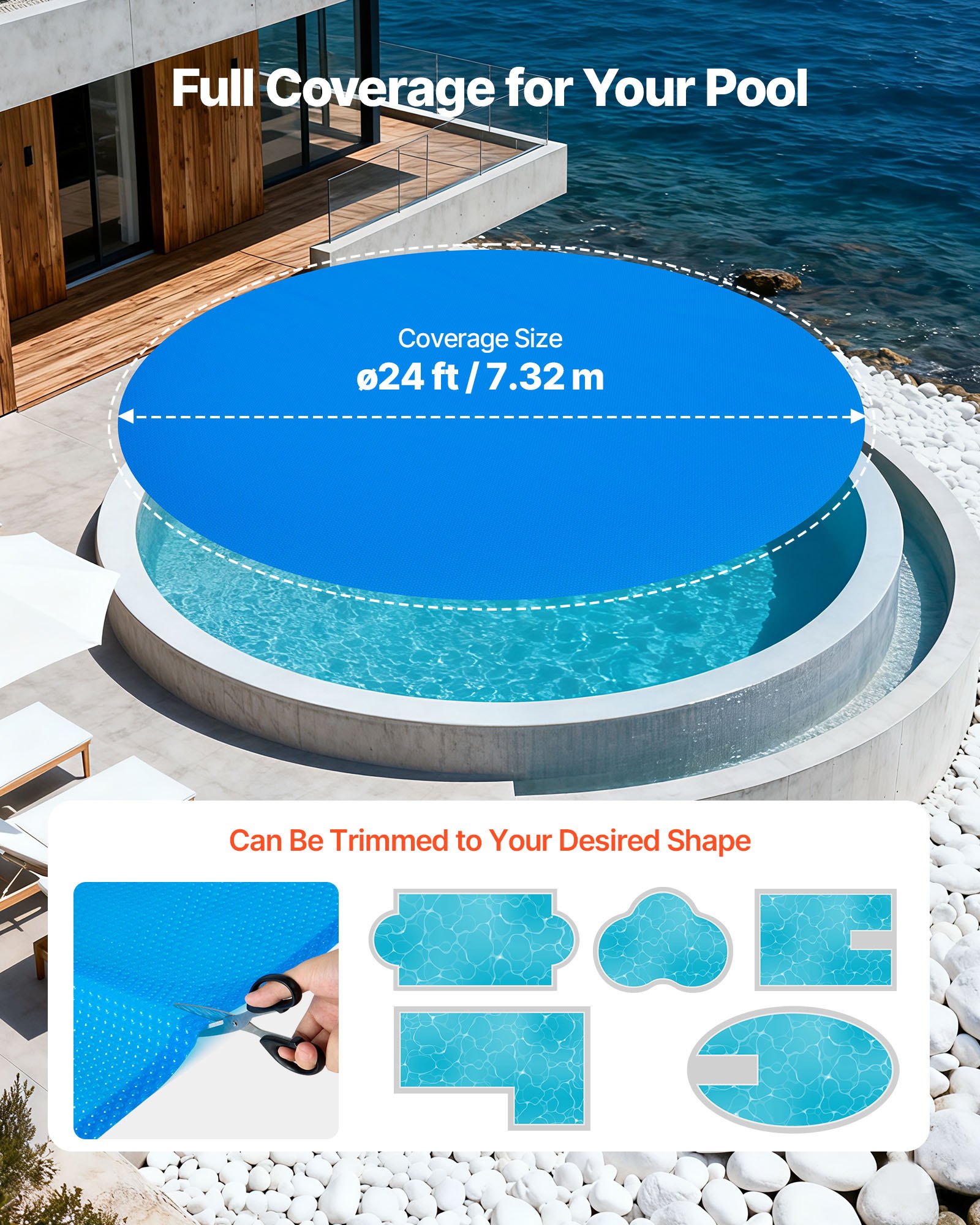 VEVOR Cubierta Solar Redonda para Piscina, 7,32 m de Diámetro, con Burbujas y Material PE, Absorción de Calor Durante el Día, Retención de Calor Durante la Noche, grosor de 0,2 mm, Color Azul