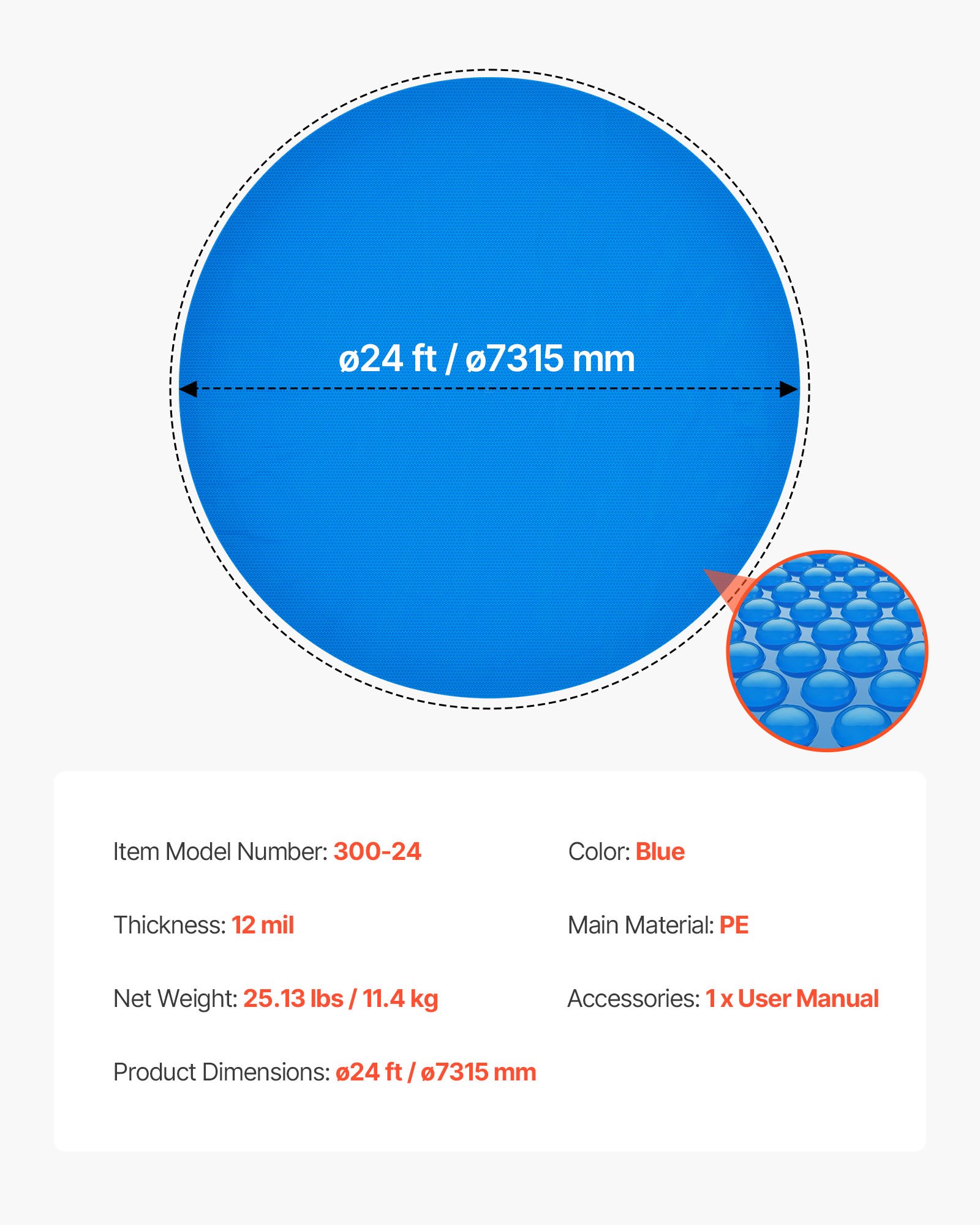 VEVOR Cubierta Solar Redonda para Piscina, 7,32 m de Diámetro, con Burbujas y Material PE, Absorción de Calor Durante el Día, Retención de Calor Durante la Noche, grosor de 0,3 mm, Color Azul