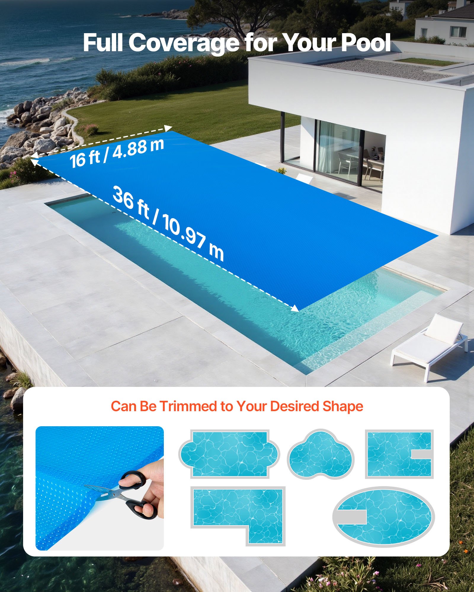 VEVOR Cubierta Solar para Piscina Rectangular, 10,97 x 4,88 m, con Material de Burbujas y PE, Absorción de Calor Durante el Día, Retención de Calor Durante la Noche, 0,3 mm de Grosor, Color Azul