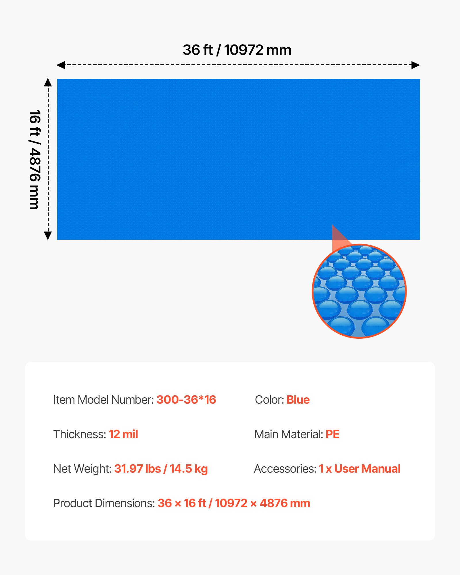 VEVOR Cubierta Solar para Piscina Rectangular, 10,97 x 4,88 m, con Material de Burbujas y PE, Absorción de Calor Durante el Día, Retención de Calor Durante la Noche, 0,3 mm de Grosor, Color Azul