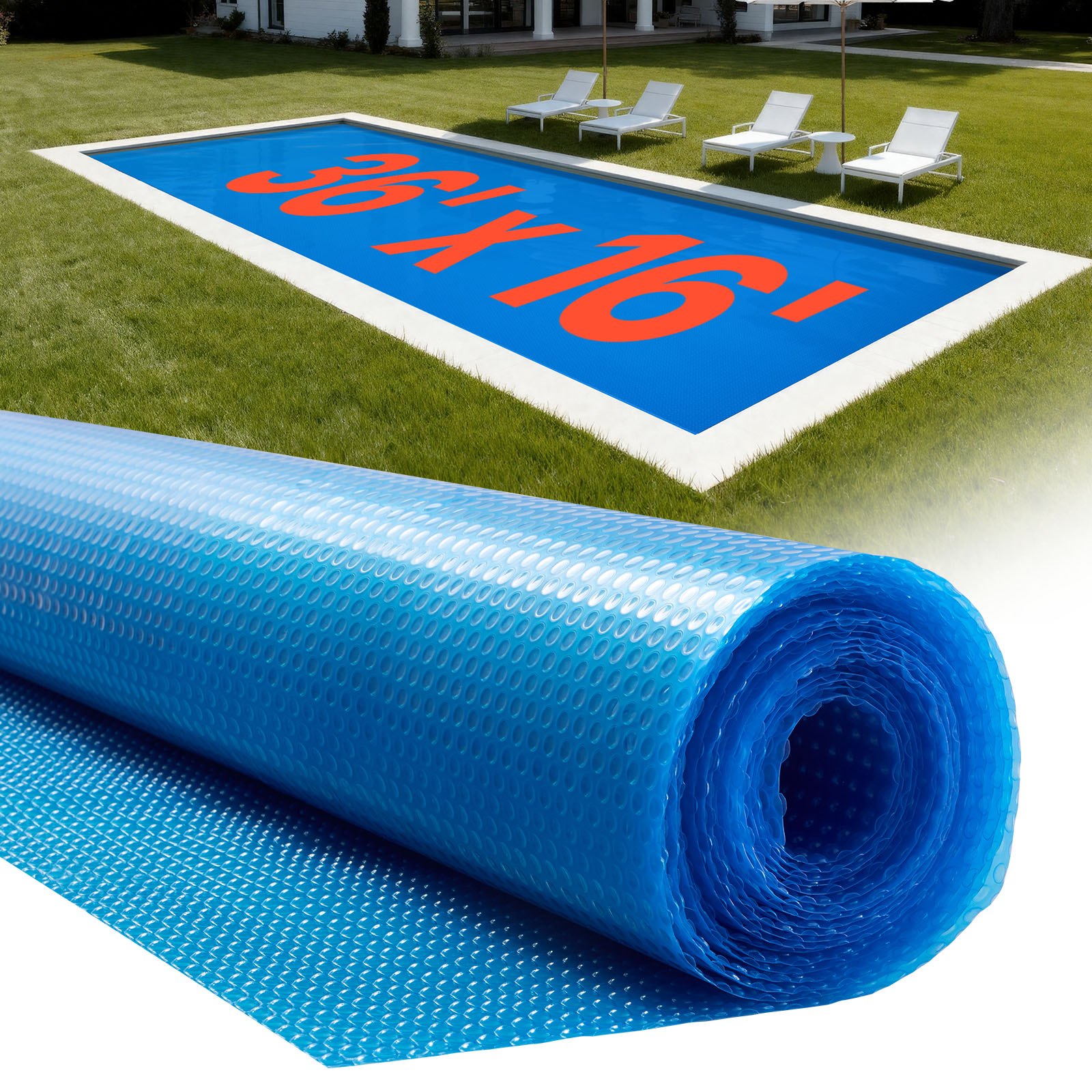 VEVOR Cubierta Solar para Piscina Rectangular, 10,97 x 4,88 m, con Material de Burbujas y PE, Absorción de Calor Durante el Día, Retención de Calor Durante la Noche, 0,3 mm de Grosor, Color Azul