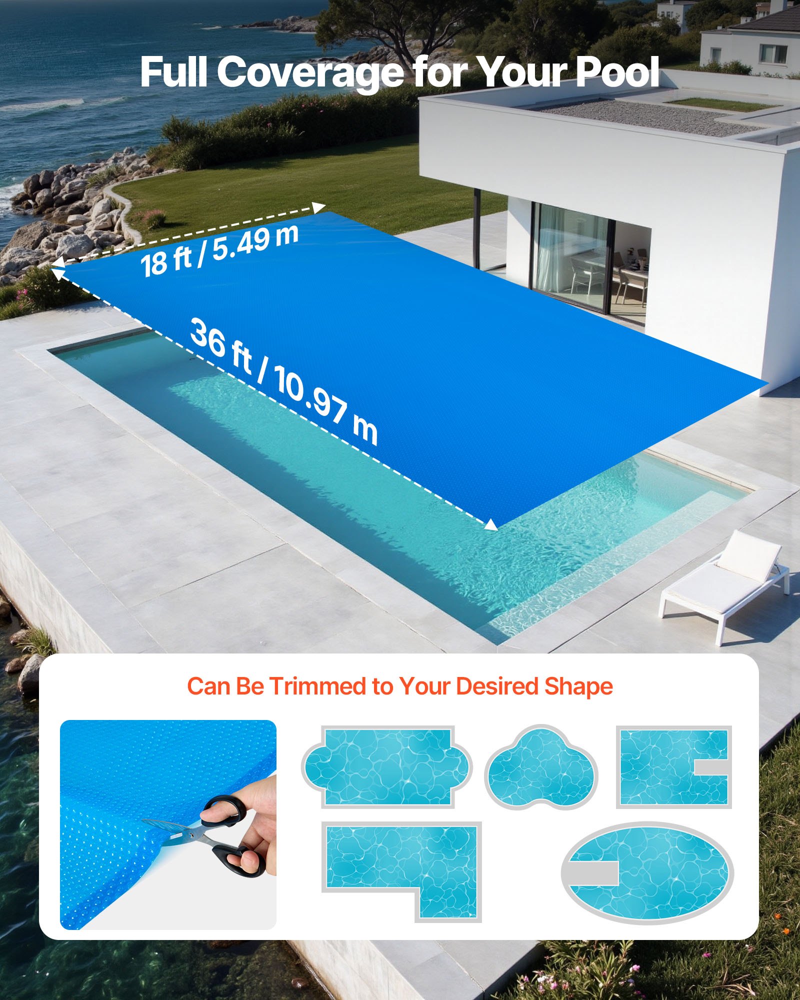 VEVOR Cubierta Solar para Piscina Rectangular, 10,97 x 5,49 m, con Material de Burbujas y PE, Absorción de Calor Durante el Día, Retención de Calor Durante la Noche, 0,2 mm de Grosor, Color Azul