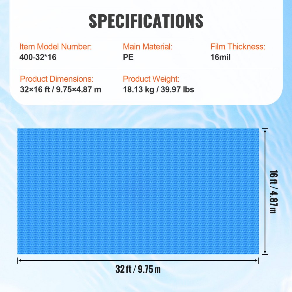 VEVOR Cubierta solar para piscina, manta solar rectangular de 32 x 16 pies para piscinas, cubierta solar para piscina enterrada sobre el suelo, cubiertas solares de 16 mil, color azul