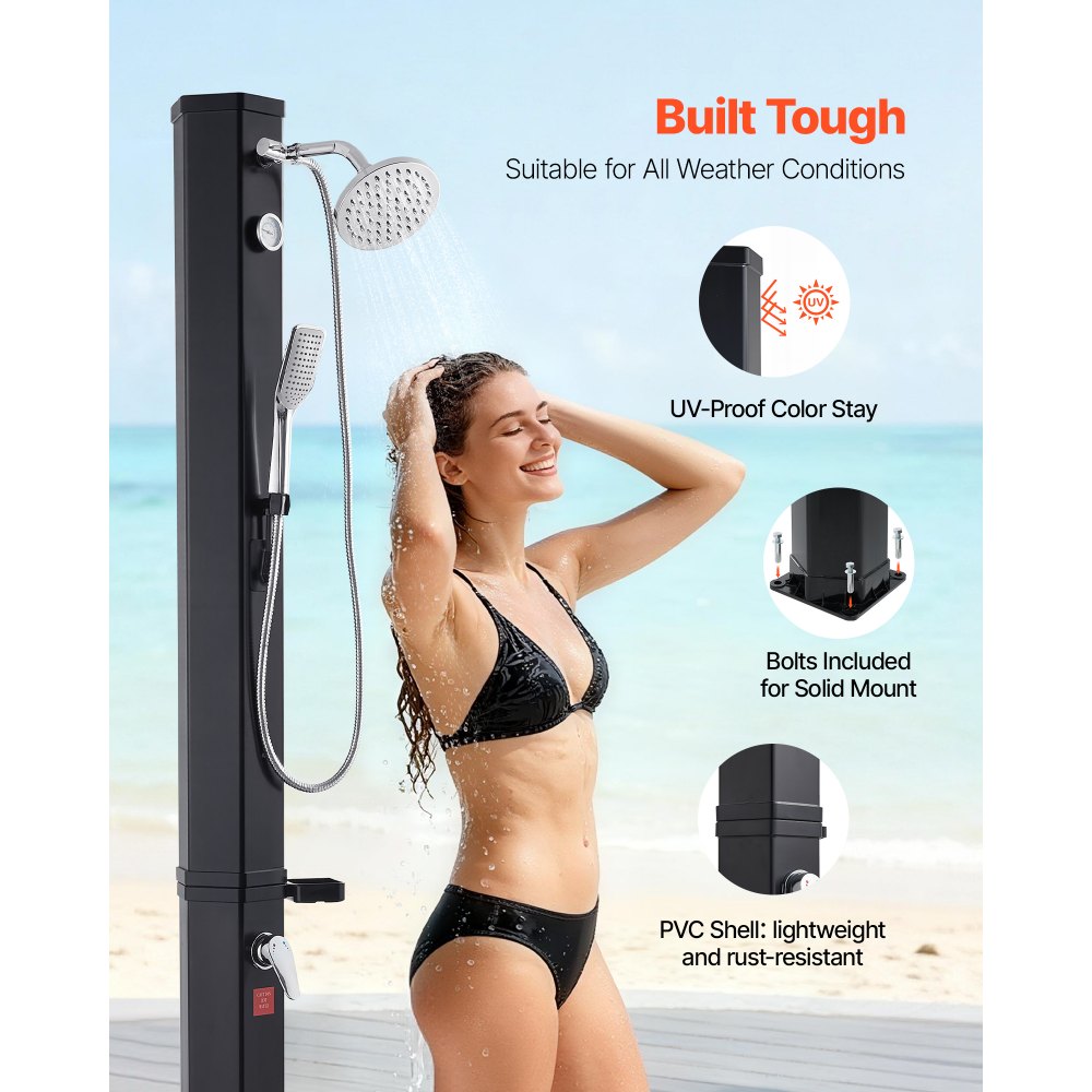 VEVOR Ducha Solar 40 Litros 205 cm, Ducha Solar Exterior con Grifo y Rociador de Mano, Cabezal Giratorio 360° Ajuste de Agua Fría y Caliente Máx. 60 °C, PVC Reforzado, para Piscina Patio Playa, Negro