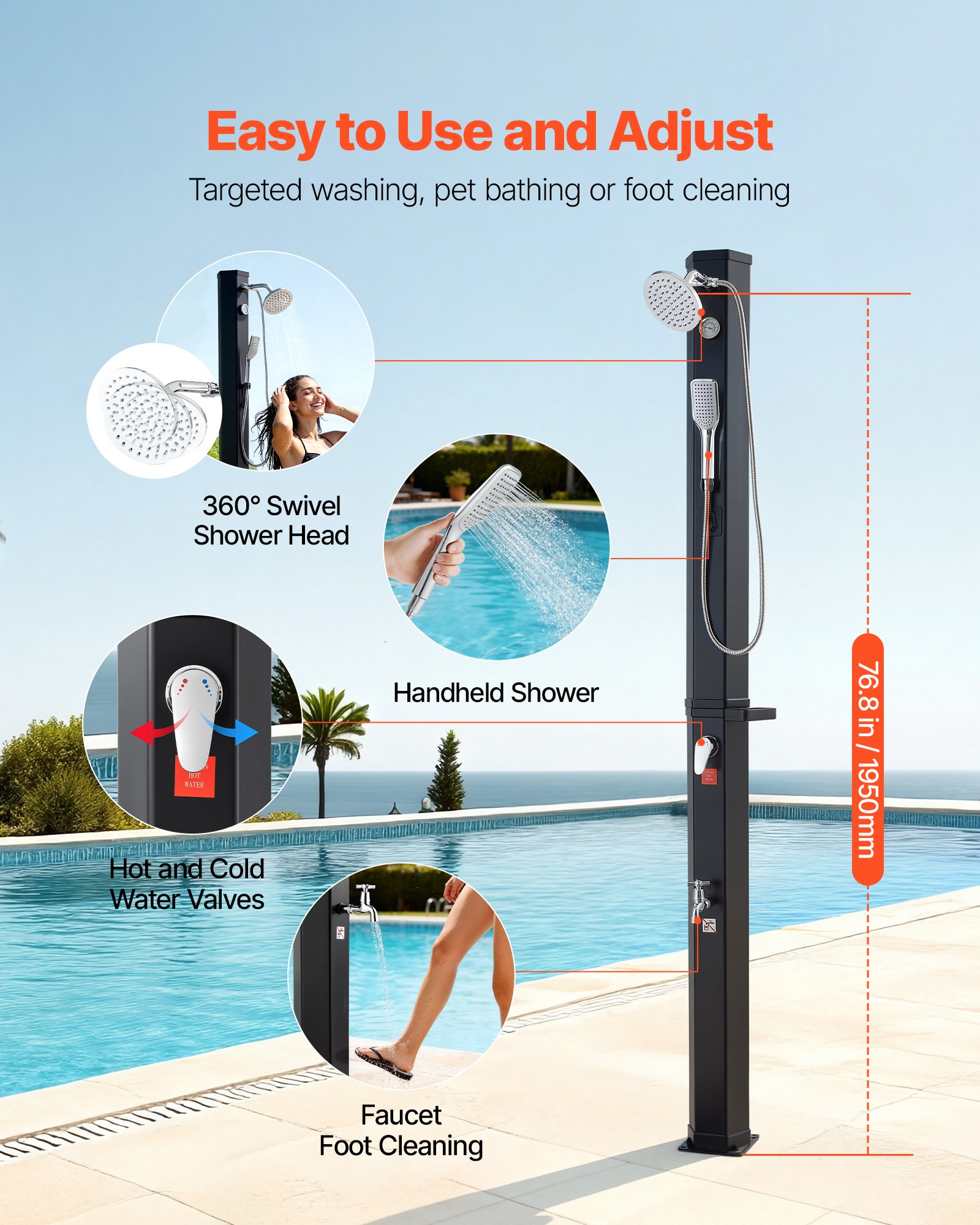 VEVOR Ducha Solar 40 Litros 205 cm, Ducha Solar Exterior con Grifo y Rociador de Mano, Cabezal Giratorio 360° Ajuste de Agua Fría y Caliente Máx. 60 °C, PVC Reforzado, para Piscina Patio Playa, Negro