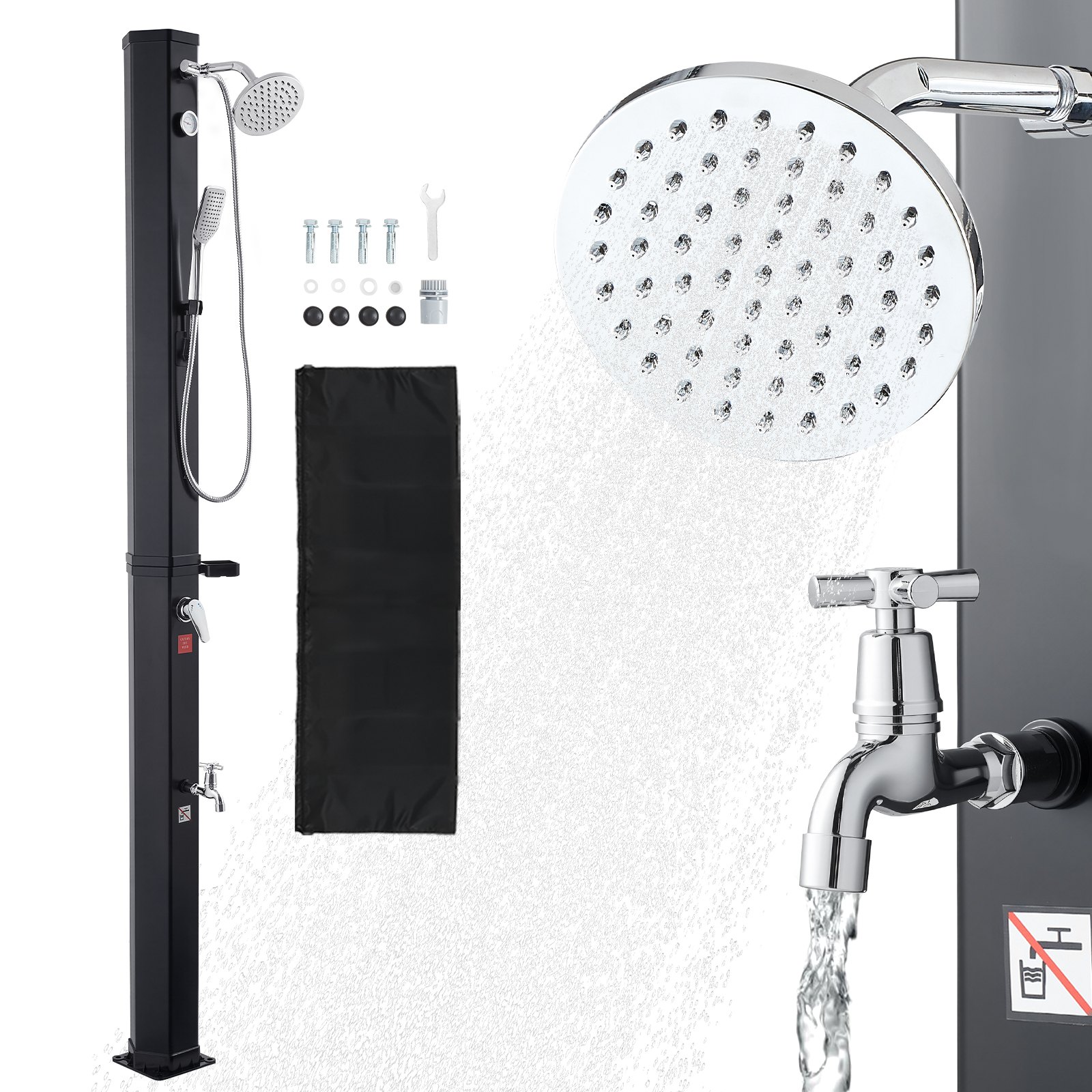 VEVOR Ducha Solar 40 Litros 205 cm, Ducha Solar Exterior con Grifo y Rociador de Mano, Cabezal Giratorio 360° Ajuste de Agua Fría y Caliente Máx. 60 °C, PVC Reforzado, para Piscina Patio Playa, Negro