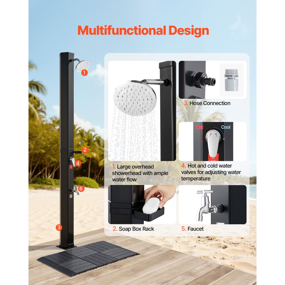 VEVOR 35L Solar Heated Shower, 195cm Showerhead Height Outdoor Shower, with Floor Kit & Foot Faucet, Hot & Cold Water Adjustment, Freestanding for Backyard Poolside Beach Pool,Black