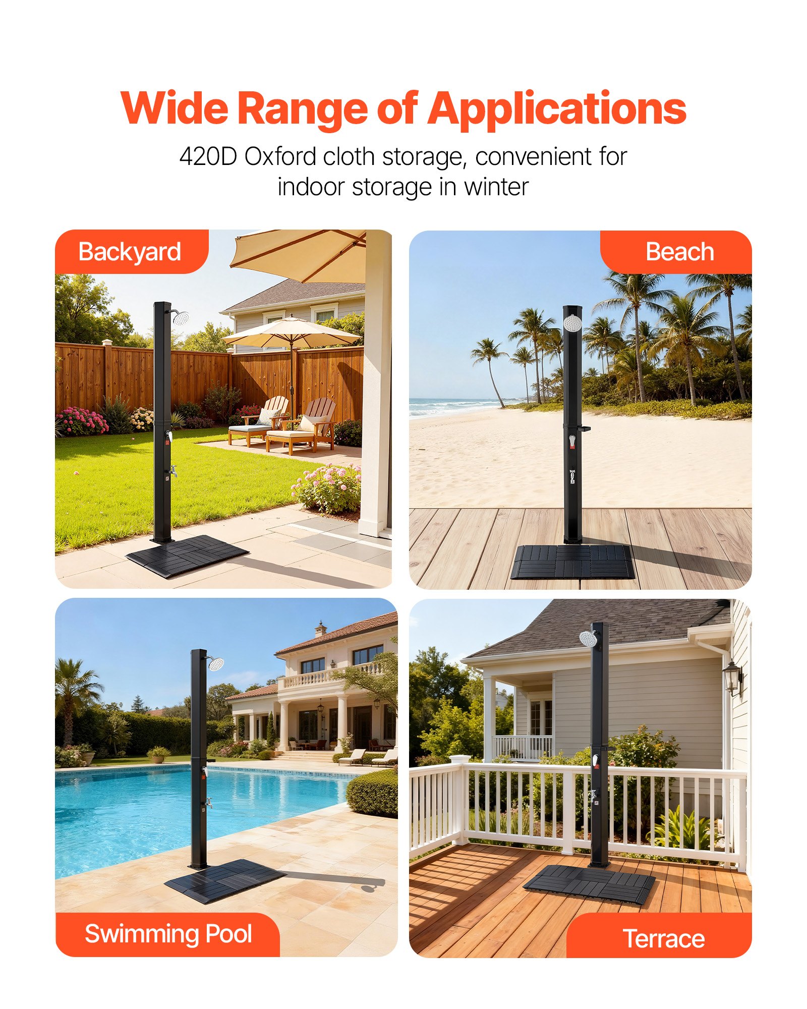 VEVOR 35L Solar Heated Shower, 195cm Showerhead Height Outdoor Shower, with Floor Kit & Foot Faucet, Hot & Cold Water Adjustment, Freestanding for Backyard Poolside Beach Pool,Black