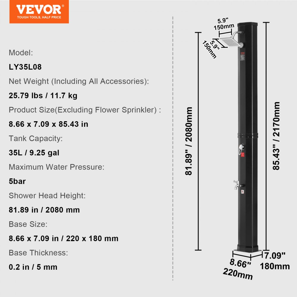 VEVOR Solar Shower 35L Garden Shower 5bar Water Pressure Pool Shower 220x180x2170mm Rain Shower with 15x15cm Shower Head Camping Shower Outdoor Shower 1-2 Person Ideal for Garden Terrace Pool