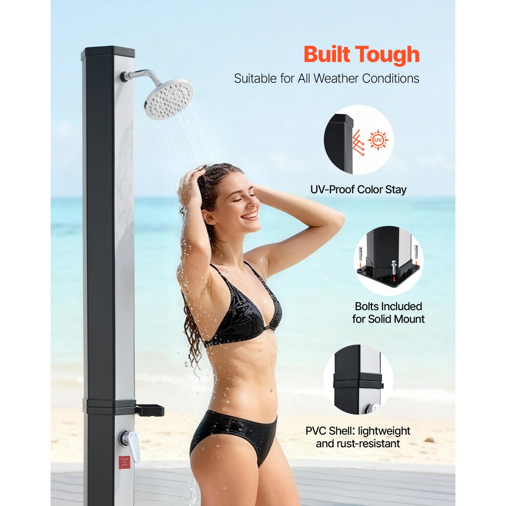 VEVOR 35L Solar Heated Shower, 195cm Showerhead Height Outdoor Shower, with Foot Faucet & Soap Box Rack, Hot & Cold Water Adjustment, Freestanding for Backyard Poolside Beach Pool,Black Silver
