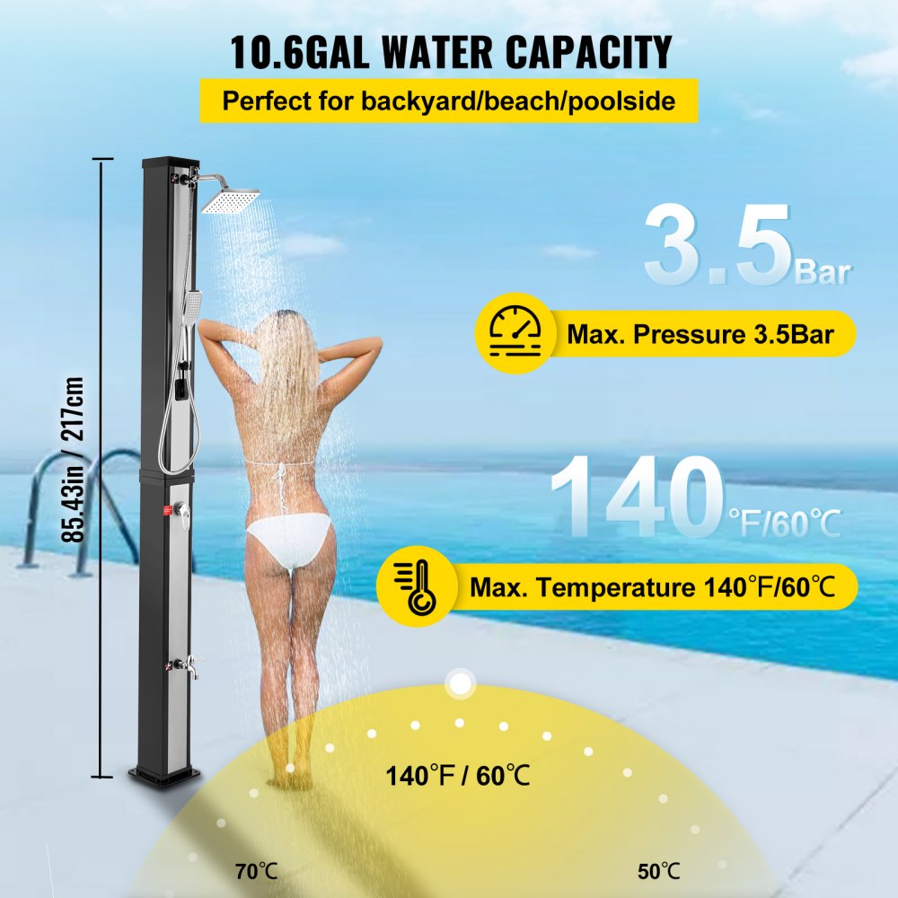 VEVOR Ducha Solar Exterior 40 litros Duchas de Jardín 217x20x19 cm Ducha Solar Piscina Exterior con Regadera 360 ° y Grifo, Material PVC, Grande Temperatura hasta 60° C para Piscina, Camping, Playa