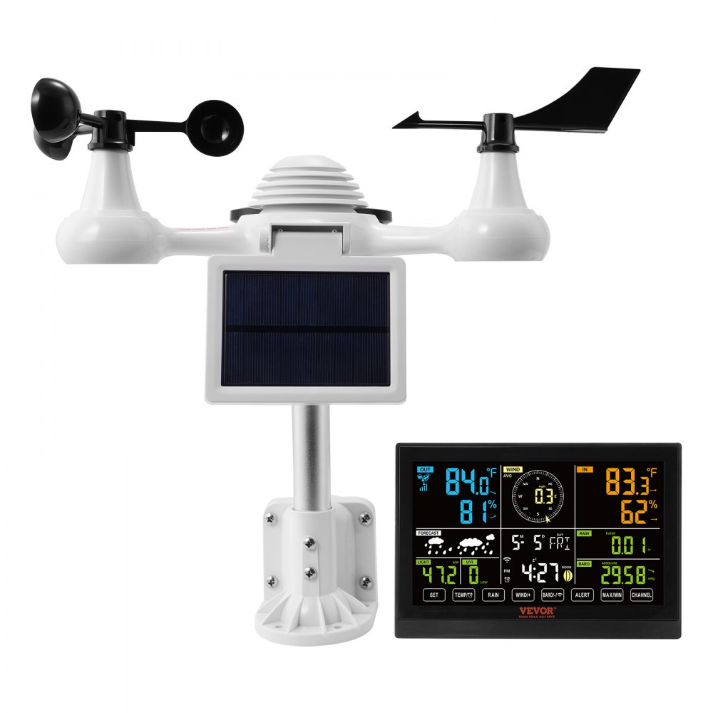 VEVOR 7 en 1 Estación Meteorológica Inalámbrica Wifi Interior Exterior Gran Pantalla a Color 19 cm (7.5-inch) Estación Meteorológica Digital Temperatura Humedad Velocidad Dirección del Viento Sensor de Lluvia