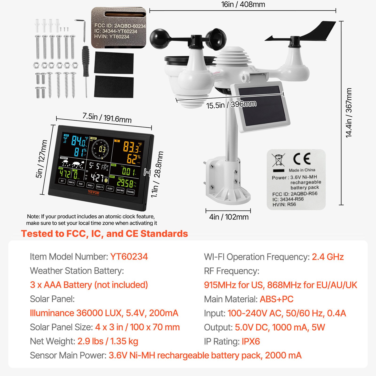 VEVOR 7 en 1 Estación Meteorológica Inalámbrica Wifi Interior Exterior Gran Pantalla a Color 19 cm (7.5-inch) Estación Meteorológica Digital Temperatura Humedad Velocidad Dirección del Viento Sensor de Lluvia