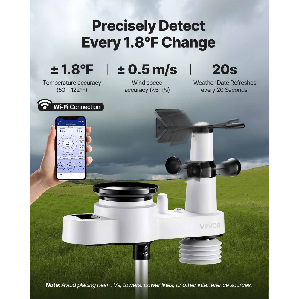 VEVOR 5-in-1 Wi-Fi Weather Station, 190.5 mm VA Display, Wireless Solar Powered Outdoor Sensor, Rain Gauge, Indoor Outdoor for Weather Forecast, Wind Speed Direction, Temperature, Humidity, Rainfall