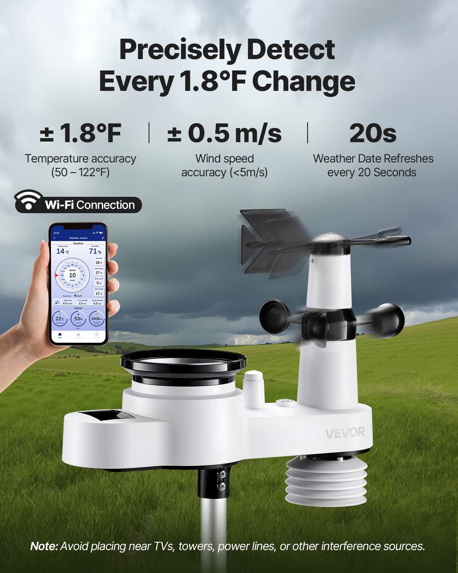 VEVOR 5 en 1 Estación Meteorológica Solar Wifi, con Pantalla VA de 190,5 mm, Sensor Solar Exterior, Pronóstico del Tiempo, Temperatura, Humedad, Precipitaciones, Velocidad y Dirección del Viento