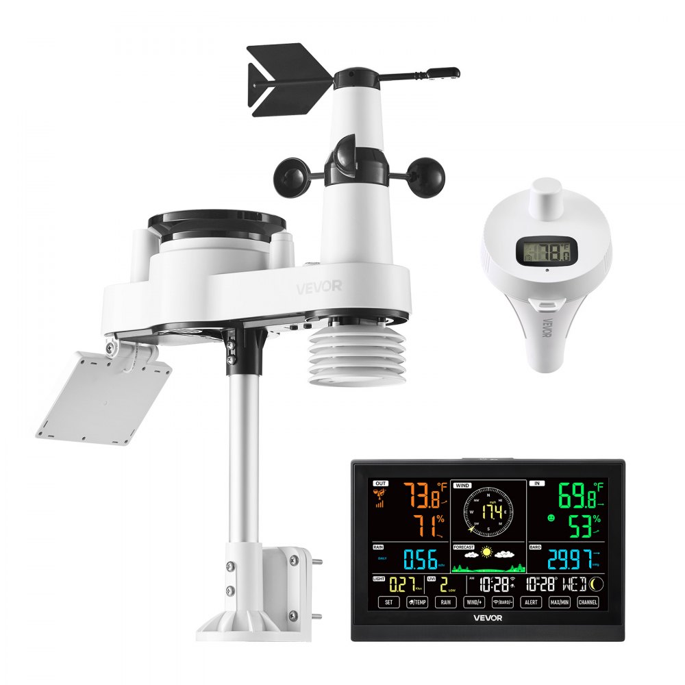 VEVOR Estación Meteorológica Solar Wifi 7 en 1, con App, Pantalla de 190,5 mm, Sensor Solar Inalámbrico para Exterior, Termómetro de Piscina, Pluviómetro, Pronóstico del Tiempo, Velocidad del Viento