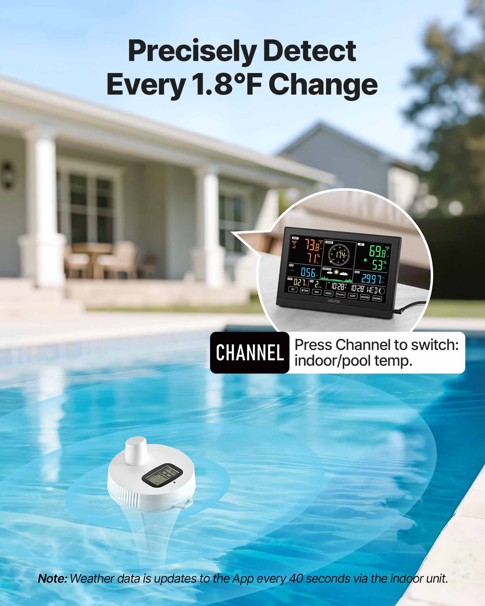 VEVOR Estación Meteorológica Solar Wifi 7 en 1, con App, Pantalla de 190,5 mm, Sensor Solar Inalámbrico para Exterior, Termómetro de Piscina, Pluviómetro, Pronóstico del Tiempo, Velocidad del Viento