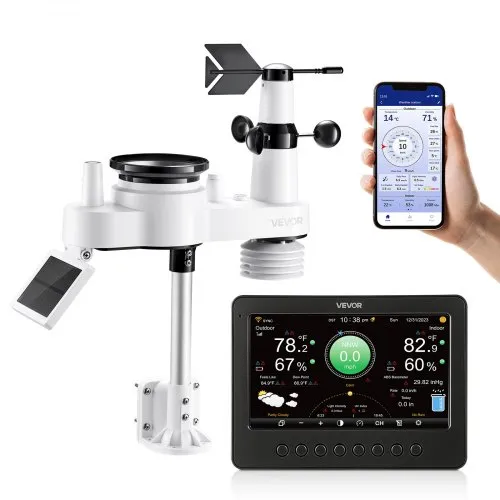VEVOR 7 en 1 Estación Meteorológica Solar Wifi, con Pantalla TFT de 177,8 mm, Sensor Solar Exterior, Temperatura, Humedad, Lluvia, Velocidad del Viento, Dirección del Viento, Rayos UV y Luz Solar