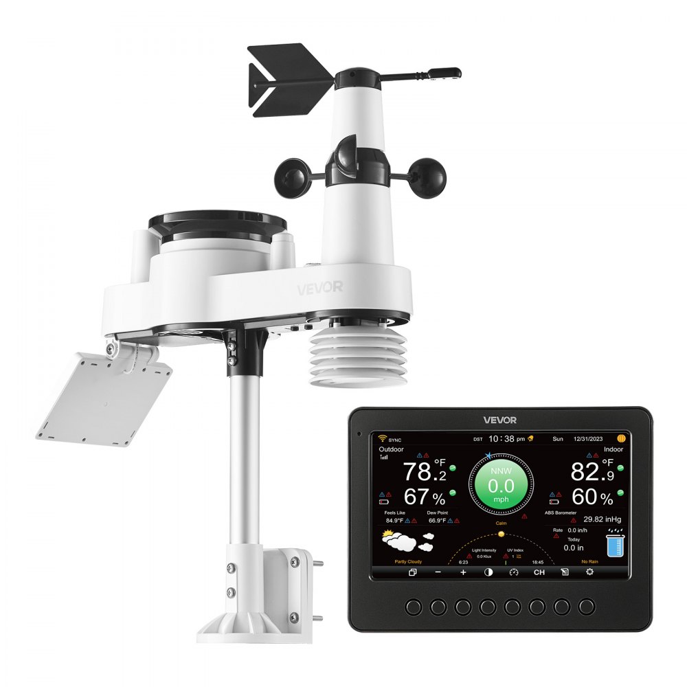 VEVOR 7 en 1 Estación Meteorológica Solar Wifi, con Pantalla TFT de 177,8 mm, Sensor Solar Exterior, Temperatura, Humedad, Lluvia, Velocidad del Viento, Dirección del Viento, Rayos UV y Luz Solar