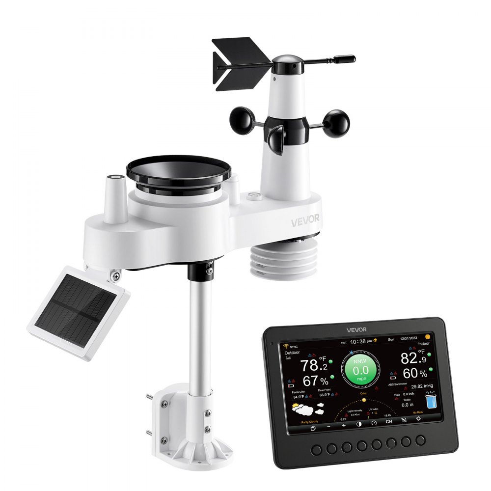 VEVOR 7 en 1 Estación Meteorológica Solar Wifi, con Pantalla TFT de 177,8 mm, Sensor Solar Exterior, Temperatura, Humedad, Lluvia, Velocidad del Viento, Dirección del Viento, Rayos UV y Luz Solar