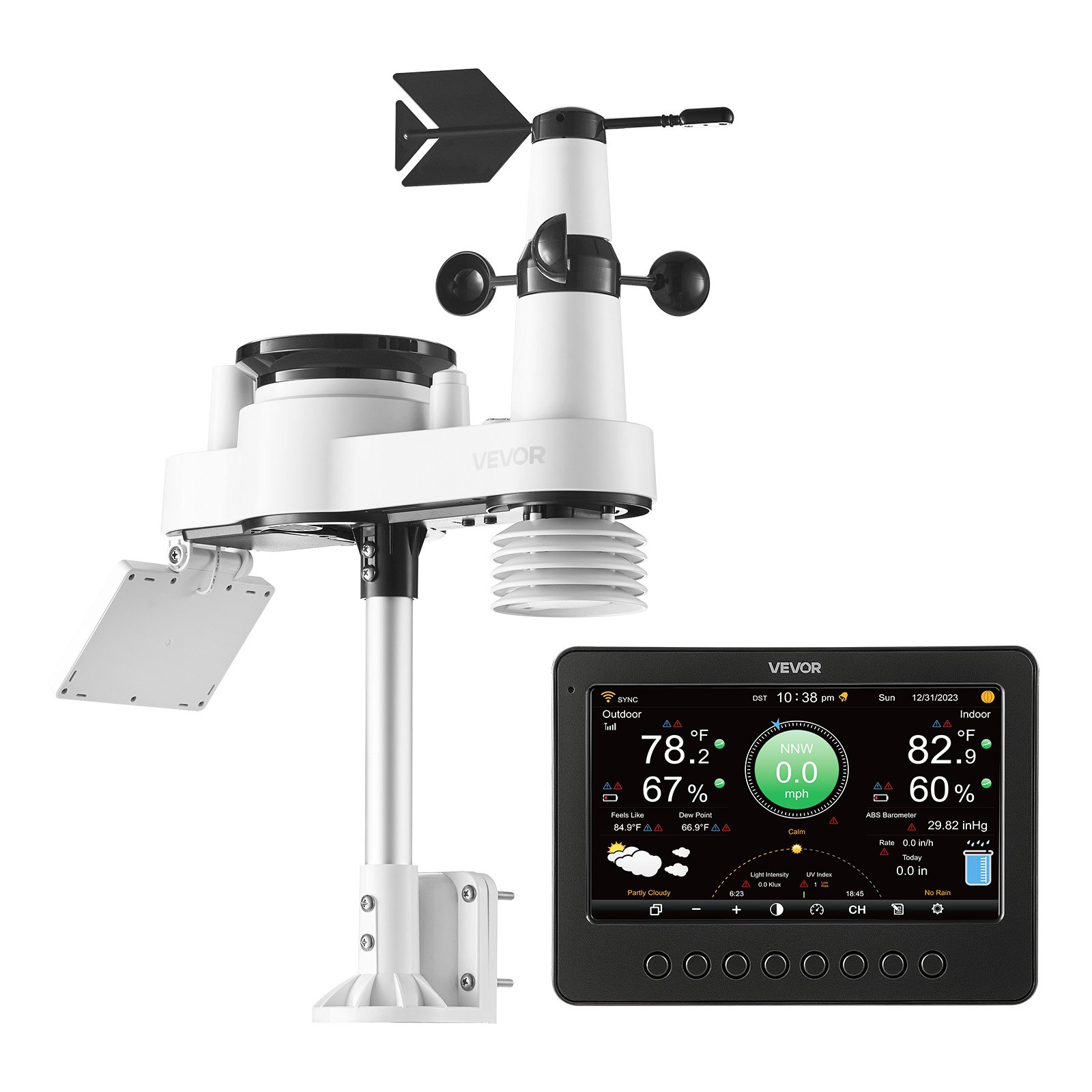 VEVOR 7 en 1 Estación Meteorológica Solar Wifi, con Pantalla TFT de 177,8 mm, Sensor Solar Exterior, Temperatura, Humedad, Lluvia, Velocidad del Viento, Dirección del Viento, Rayos UV y Luz Solar