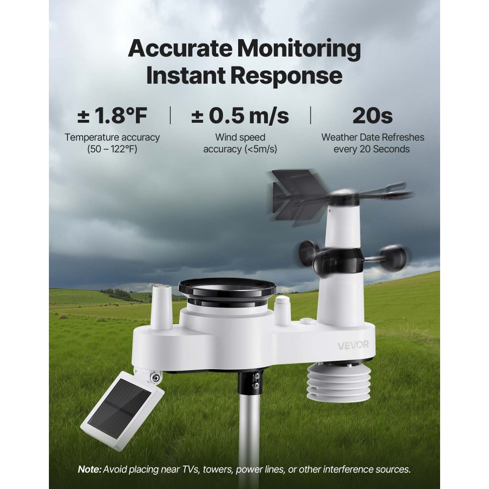 VEVOR 7 en 1 Estación Meteorológica Inalámbrica con Pantalla VA de 7,5 pulgadas / 190,5 mm, Sensor Solar, Pluviómetro con Pronóstico del Tiempo, Temperatura, Humedad, Velocidad y Dirección del Viento (Sin Wifi)