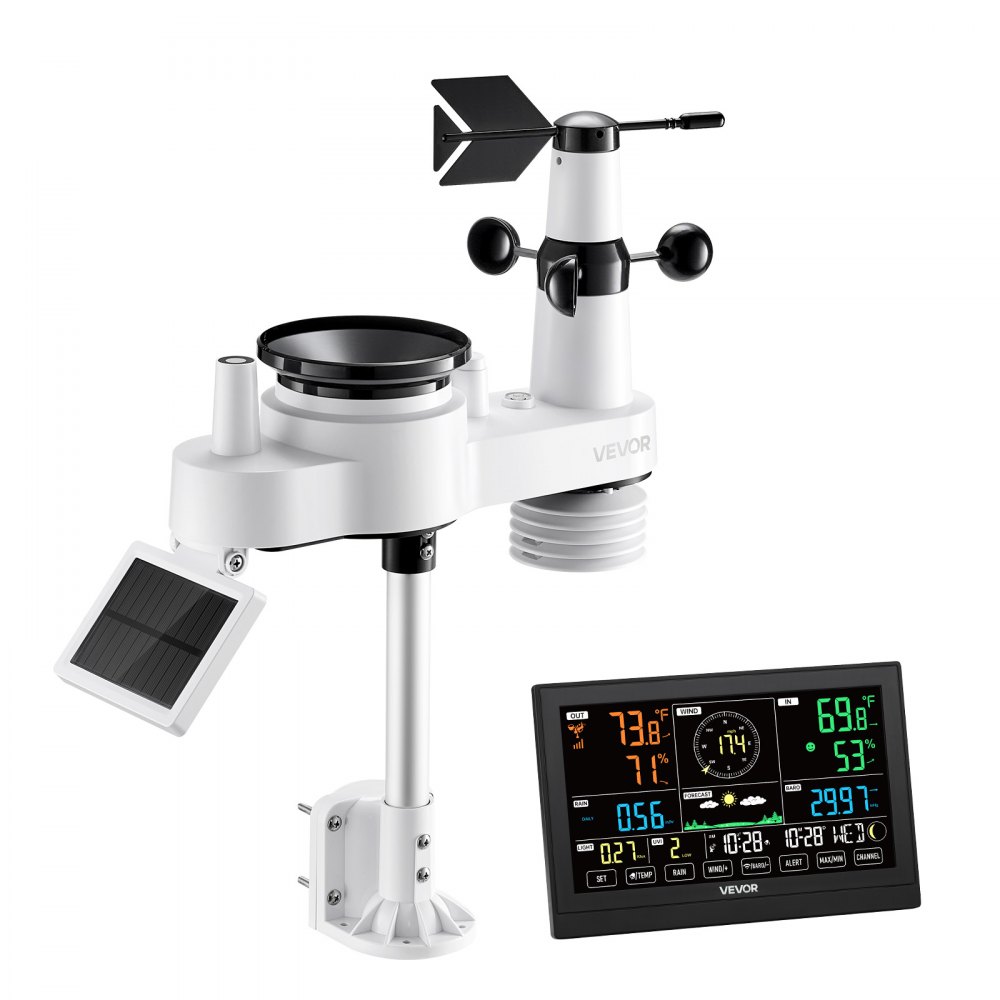 VEVOR 7 en 1 Estación Meteorológica Inalámbrica con Pantalla VA de 7,5 pulgadas / 190,5 mm, Sensor Solar, Pluviómetro con Pronóstico del Tiempo, Temperatura, Humedad, Velocidad y Dirección del Viento (Sin Wifi)