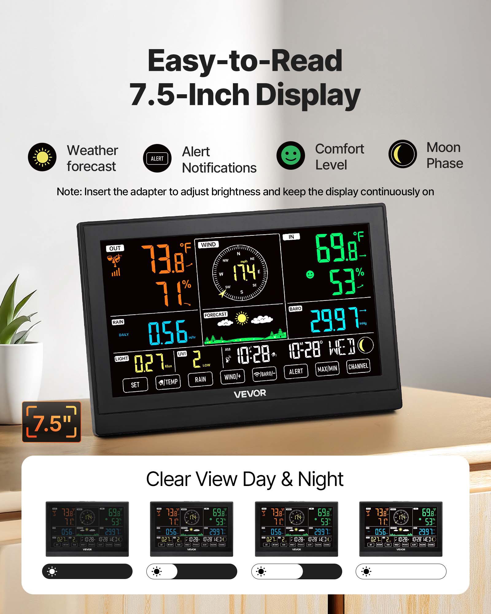 VEVOR 7 en 1 Estación Meteorológica Inalámbrica con Pantalla VA de 7,5 pulgadas / 190,5 mm, Sensor Solar, Pluviómetro con Pronóstico del Tiempo, Temperatura, Humedad, Velocidad y Dirección del Viento (Sin Wifi)