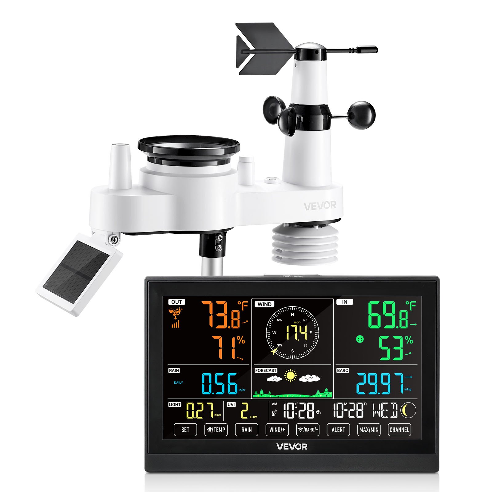 VEVOR 7 en 1 Estación Meteorológica Inalámbrica con Pantalla VA de 7,5 pulgadas / 190,5 mm, Sensor Solar, Pluviómetro con Pronóstico del Tiempo, Temperatura, Humedad, Velocidad y Dirección del Viento (Sin Wifi)