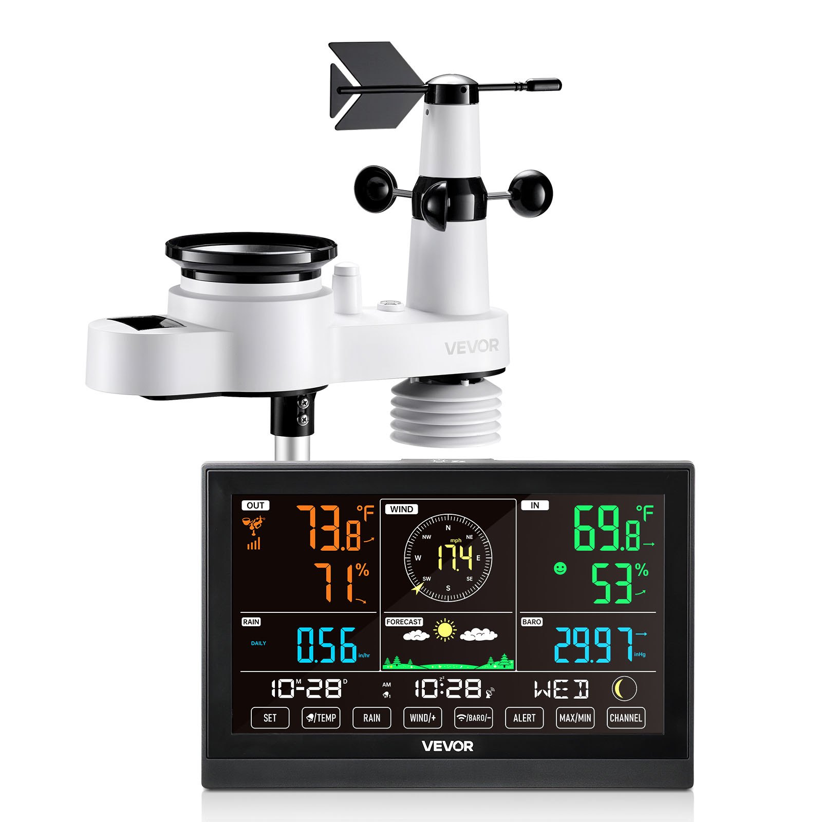 VEVOR 5 en 1 Estación Meteorológica Inalámbrica con Pantalla VA de 190,5 mm, Sensor Solar, Pluviómetro con Pronóstico del Tiempo, Temperatura, Humedad, Velocidad y Dirección del Viento (Sin Wifi)