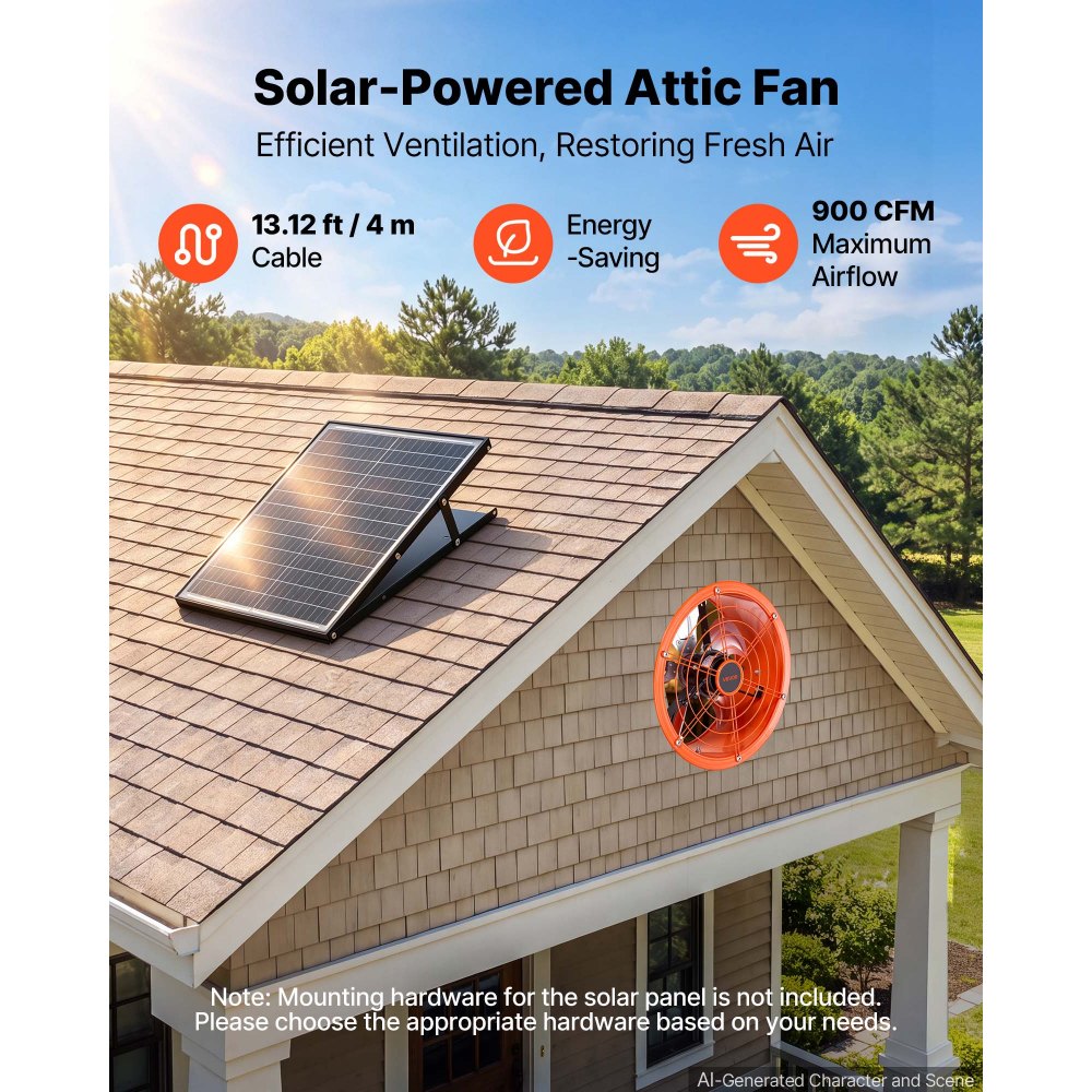 VEVOR Ventilador Solar para Ático 30,5 cm 900 CFM con Panel Solar de 35 W, Extractor de Aire para Ático, con Termostato Ajustable de 16-38 °C y Carcasa de Acero, para Invernadero y Cuarto de Mascotas