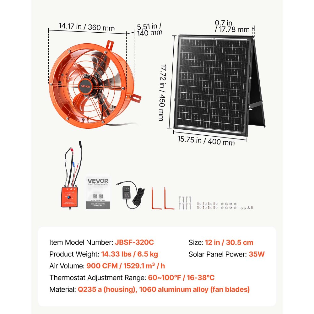 VEVOR Ventilador Solar para Ático 30,5 cm 900 CFM con Panel Solar de 35 W, Extractor de Aire para Ático, con Termostato Ajustable de 16-38 °C y Carcasa de Acero, para Invernadero y Cuarto de Mascotas