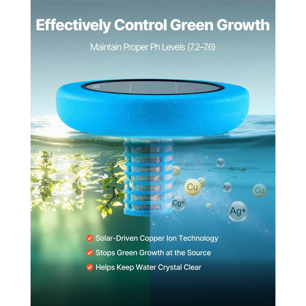 VEVOR Ionizador Solar para Piscinas hasta 170.343 L, Purificador de Agua con Ionización de Cobre 22,5 cm, con Ánodo de Cobre, Resorte, Cepillo para Evitar Olores Desagradables, Molestias en Piel