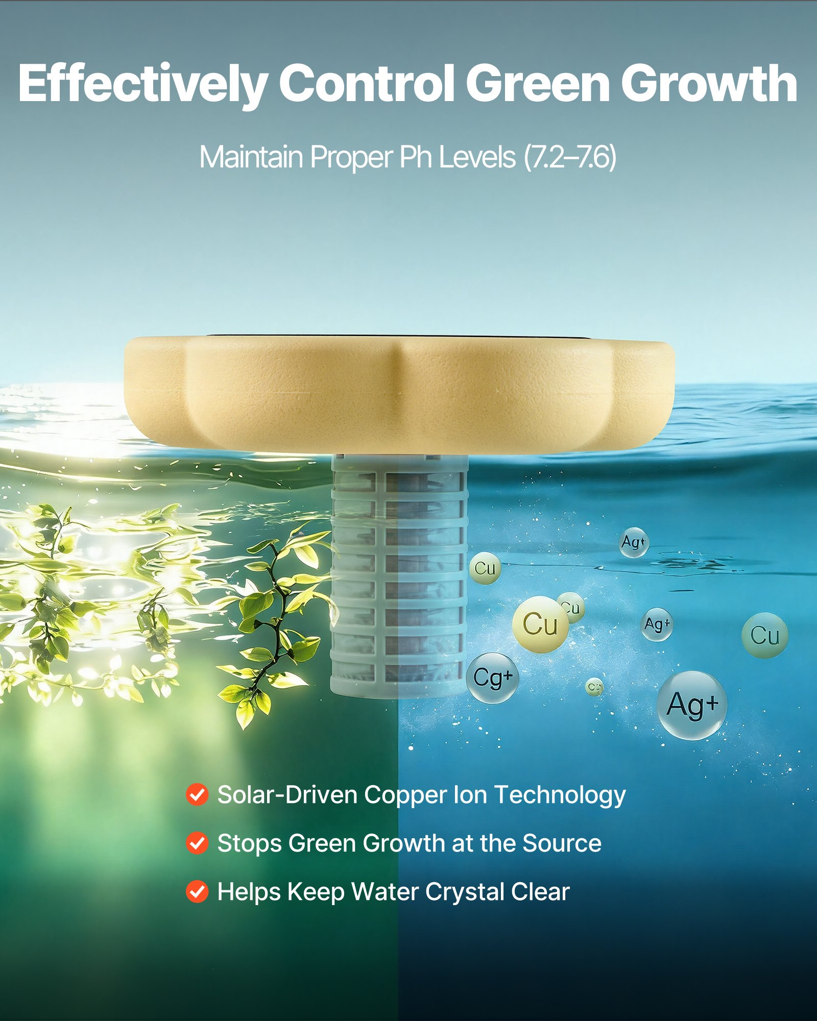 VEVOR Ionizador Solar para Piscinas hasta 170.343 L, Purificador de Agua con Ionización de Cobre con Ánodo de Cobre, Resorte, Cepillo para Evitar Olores Desagradables, en Forma de Flor, Amarillo