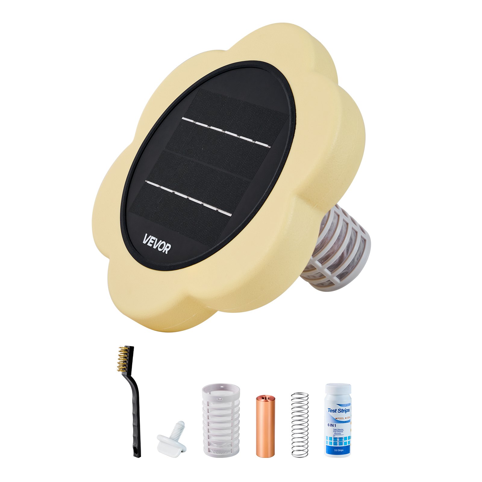 VEVOR Ionizador Solar para Piscinas hasta 170.343 L, Purificador de Agua con Ionización de Cobre con Ánodo de Cobre, Resorte, Cepillo para Evitar Olores Desagradables, en Forma de Flor, Amarillo