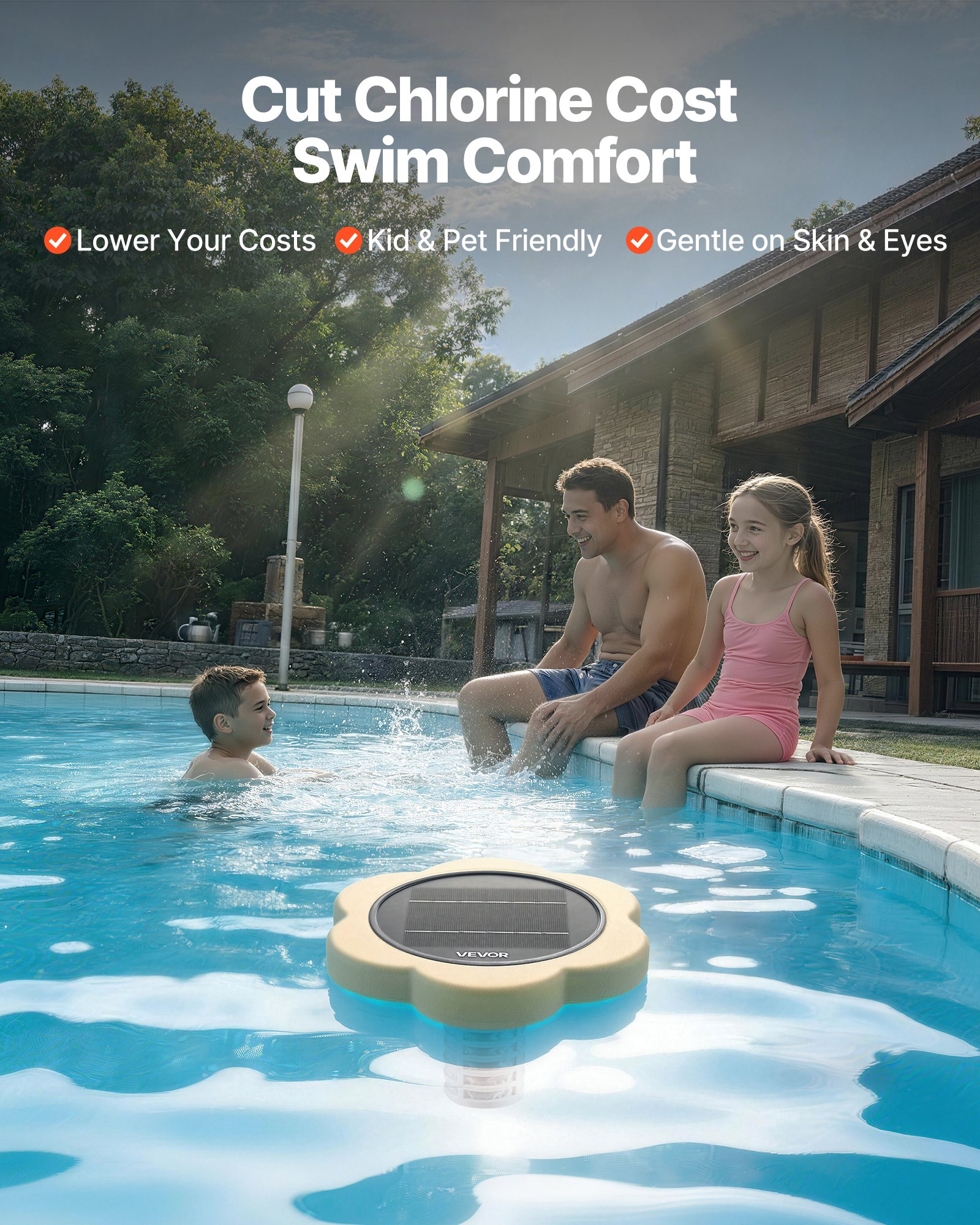 VEVOR Ionizador Solar para Piscinas hasta 170.343 L, Purificador de Agua con Ionización de Cobre con Ánodo de Cobre, Resorte, Cepillo para Evitar Olores Desagradables, en Forma de Flor, Amarillo